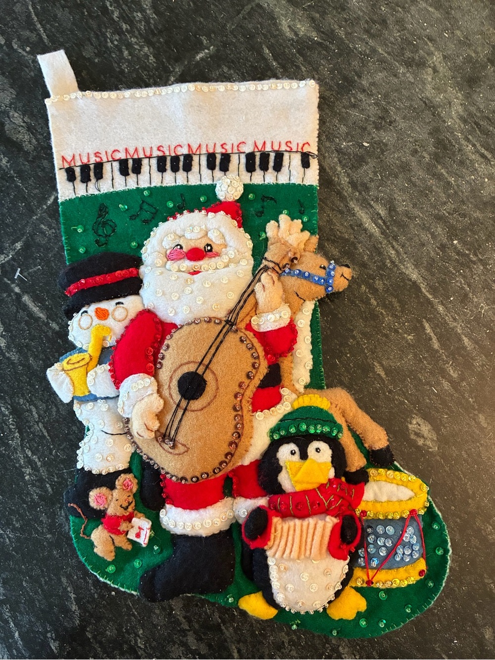Bucilla Completed Felt Stocking Rock & Roll Santa 84587 Unpersonalized